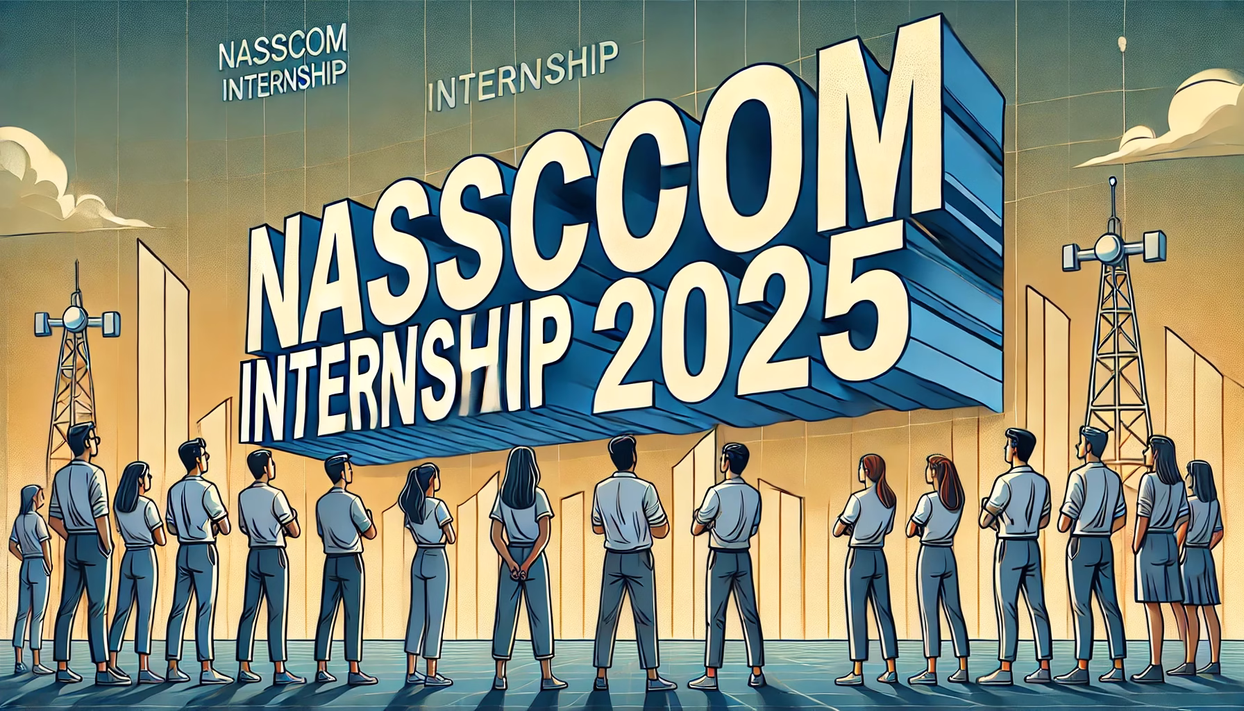 "NASSCOM Internship 2025" in bold and large size, along with students looking at the text.